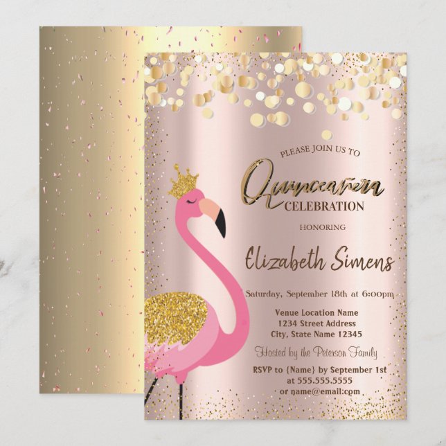 Gold Confetti Pink Flamingo Rose Gold Quinceañera Invitation (Front/Back)