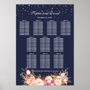 Gold Confetti Pink Flowers Wedding Seating Chart