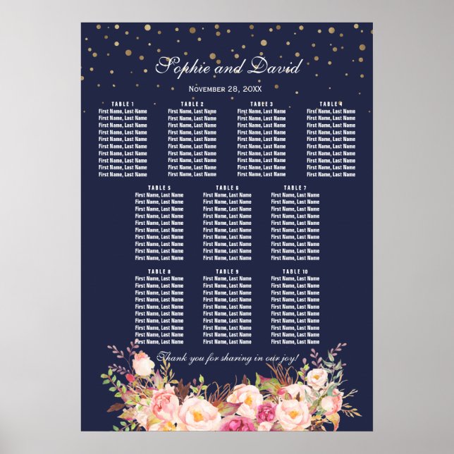 Gold Confetti Pink Flowers Wedding Seating Chart (Front)
