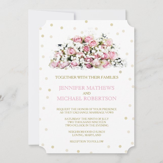 Gold Confetti Pink Roses Babys Breath Invitation (Front)