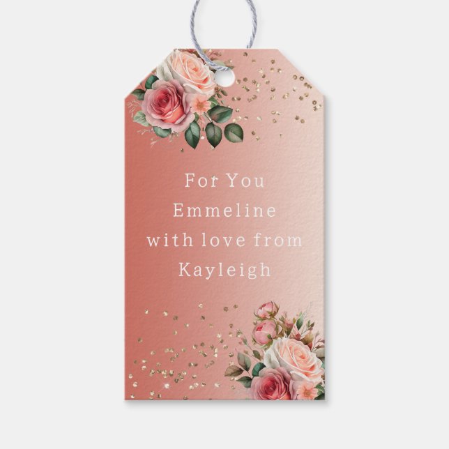 Gold Confetti Pink Roses Floral Bridal Shower Gift Tags (Front)