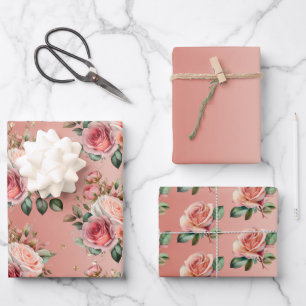 Gold Confetti Pink Roses Floral Bridal Shower Wrapping Paper Sheet