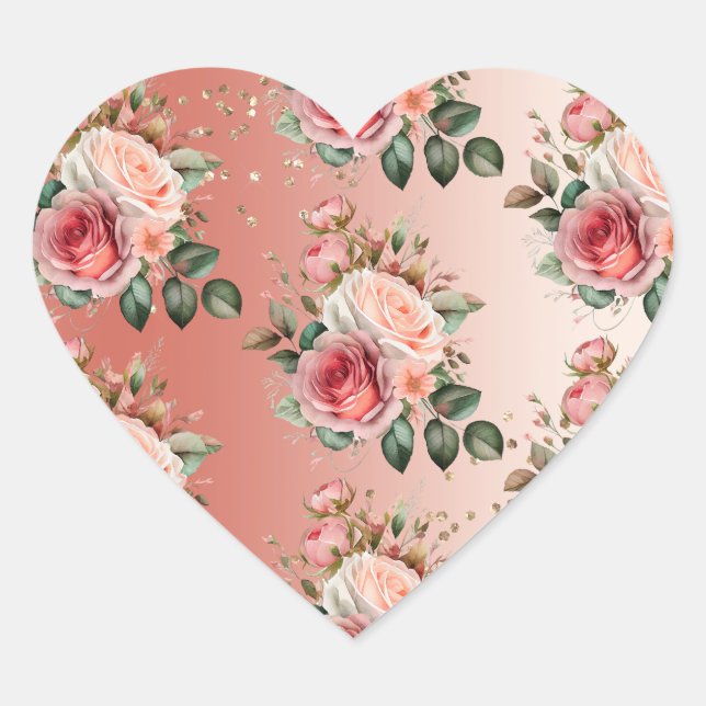 Gold Confetti Pink Roses Floral Heart Sticker (Front)