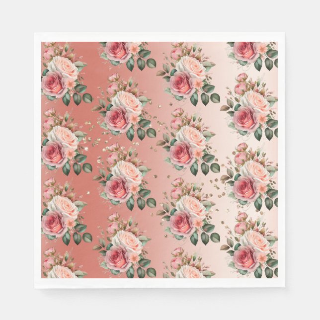 Gold Confetti Pink Roses Floral Napkin (Front)