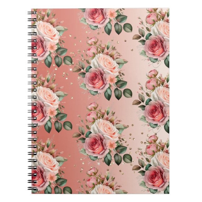 Gold Confetti Pink Roses Floral Notebook (Front)
