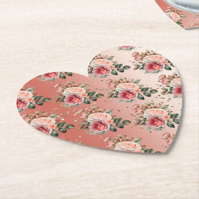 Gold Confetti Pink Roses Floral Paper Coaster (Angled)