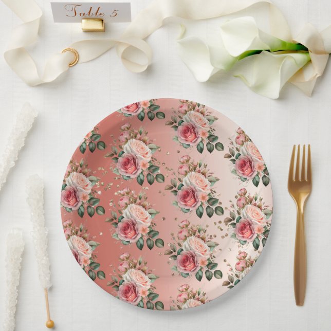 Gold Confetti Pink Roses Floral Paper Plate (Wedding)