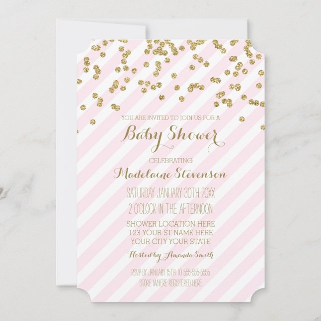 Gold Confetti Pink Stripes Baby Shower Invitations (Back)