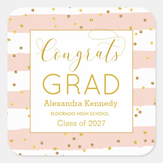 Gold Confetti Pink Stripes Graduation  Square Sticker (Front)