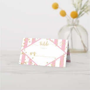 Gold Confetti & Pink Stripes Table Number Place Card