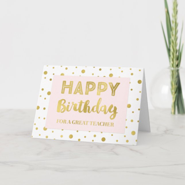 Gold Confetti Pink Teacher Birthday Card (Front)