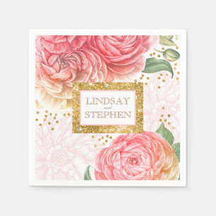 Gold Confetti Pink Vintage Floral Wedding Napkin