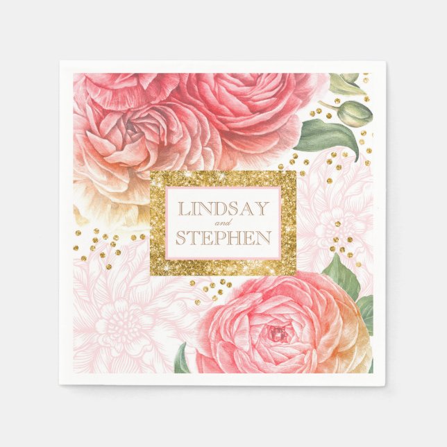 Gold Confetti Pink Vintage Floral Wedding Napkin (Front)