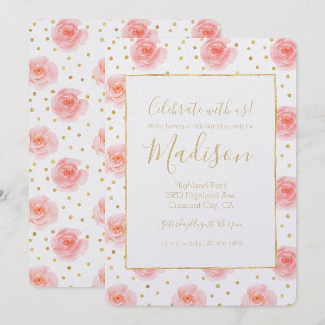 Gold Confetti Pink Watercolor Roses Birthday Invitation (Front/Back)