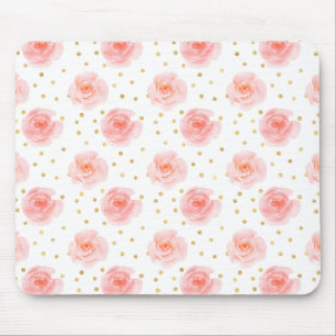 Gold Confetti Pink Watercolor Roses Mouse Mat