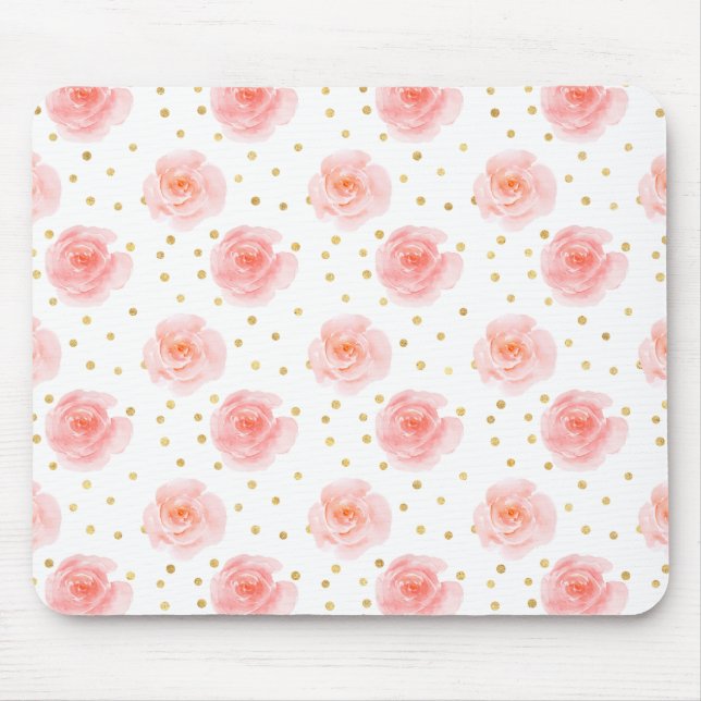 Gold Confetti Pink Watercolor Roses Mouse Mat (Front)