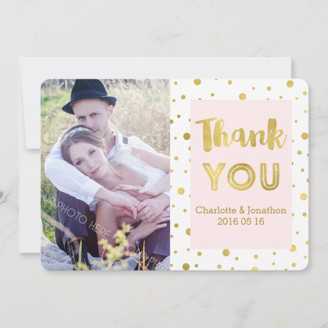 Gold Confetti Pink Wedding Thank You Photo Cards (Front)