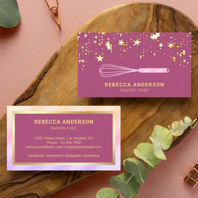 Gold Confetti Pink Whisk Pastry Chef Bakery Business Card (Creator Uploaded)