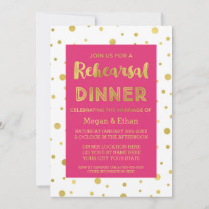 Gold Confetti Pink White Rehearsal Dinner Party Invitation