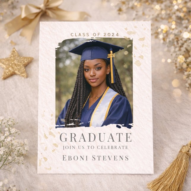 Gold Confetti Portrait Invitation (Gold confetti graduation portrait layout with cream background for senior celebration gathering)