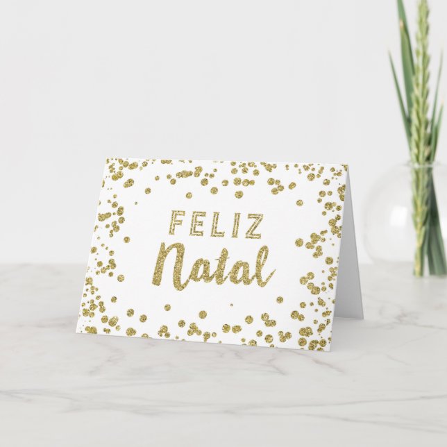 Gold Confetti Portuguese Christmas Card (Front)