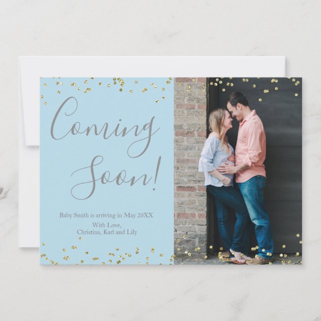 Gold Confetti Pregnancy Announcement Card on Blue (Front)