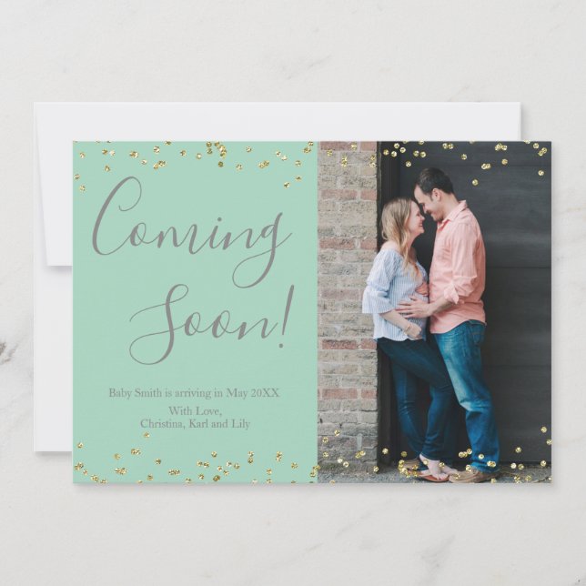 Gold Confetti Pregnancy Announcement Card on Mint (Front)