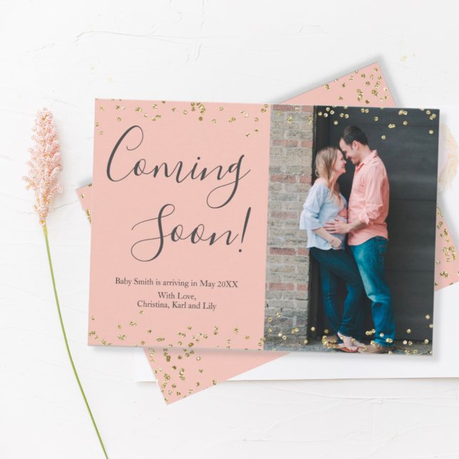 Gold Confetti Pregnancy Announcement Card on Pink (Creator Uploaded)