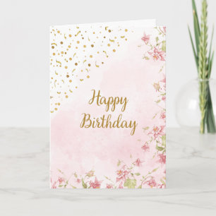 Gold confetti & pretty Pink Flowers happy Birthday Card