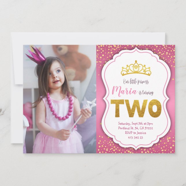 Gold Confetti Princess 2nd Birthday Invitation  (Front)