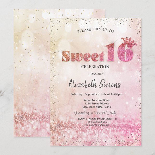 Gold Confetti Princess Bokeh Sweet 16 Invitation (Front/Back)