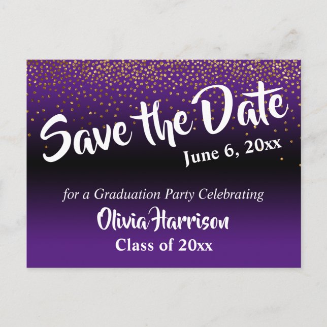 Gold Confetti Purple Graduation Save the Date Postcard (Front)