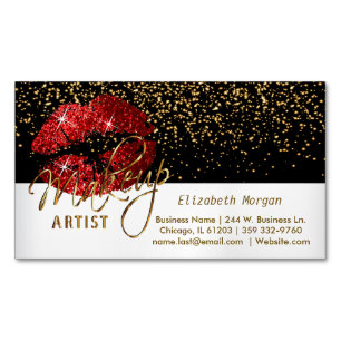 Gold Confetti & Red Lips - Makeup Artist Magnetic Business Card