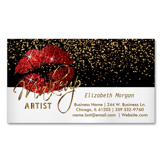 Gold Confetti & Red Lips - Makeup Artist Magnetic Business Card (Front)