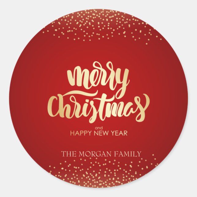 Gold Confetti Red Merry Christmas Classic Round Sticker (Front)