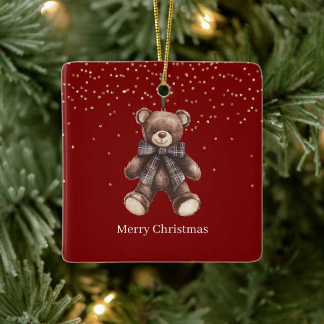 Gold Confetti Red Teddy Bear Christmas Ceramic Ornament (Tree)