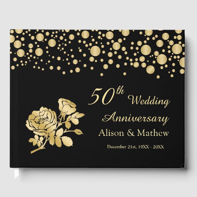 Gold Confetti Roses  50th Wedding Anniversary Guest Book (Front)