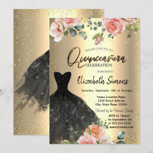 Gold Confetti,Roses Black Dress Quinceañera  Invitation
