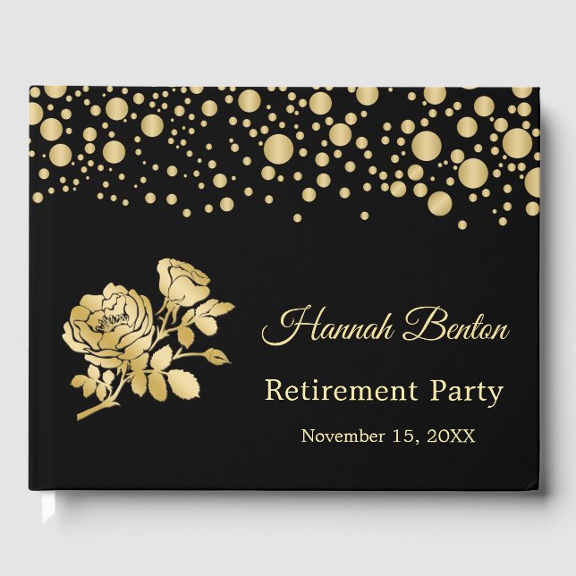 Gold Confetti Roses Retirement Party Guest Book (Front)