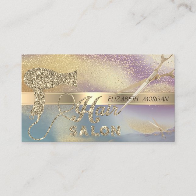 Gold Confetti,Scissors,Hairdryer Glitter Ombre Business Card (Front)