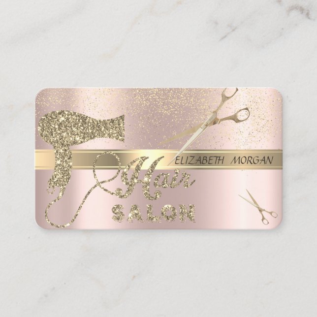 Gold Confetti,Scissors,Hairdryer Rose Gold Business Card (Front)