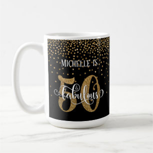 Gold Confetti Script 50 & Fabulous Over Black Coffee Mug