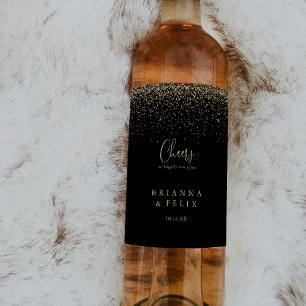 Gold Confetti Script Cheers Wedding Wine Labels