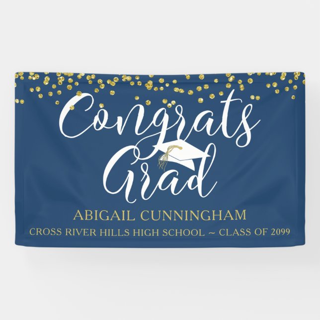 Gold Confetti Script CONGRATS GRAD Blue Banner (Horizontal)
