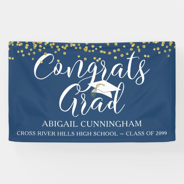 Gold Confetti Script CONGRATS GRAD Blue Banner (Horizontal)