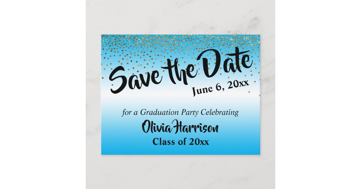 Gold Confetti Sky Blue Graduation Save the Date Postcard | Zazzle