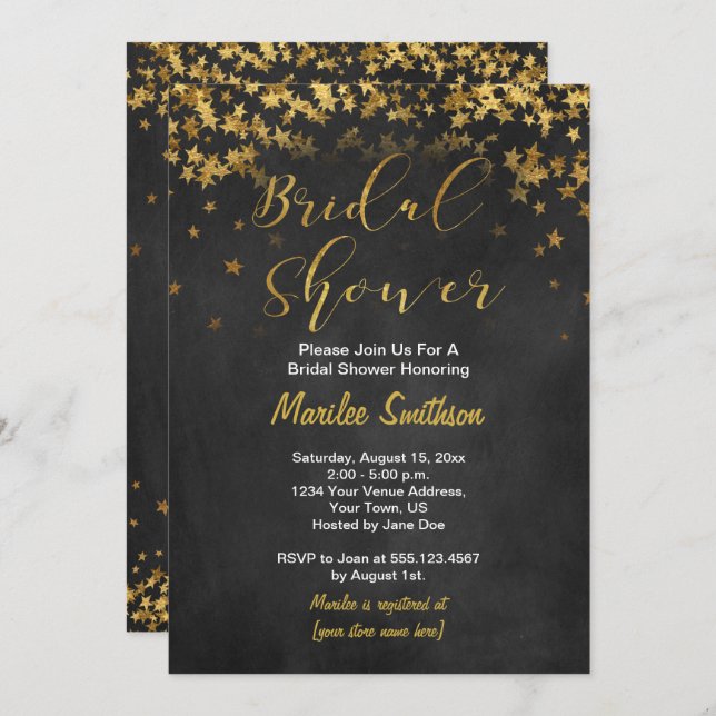 Gold Confetti Stars Chalk Board Bridal Shower Invitation (Front/Back)