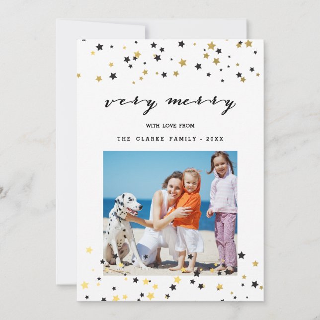Gold Confetti Stars | Holiday Photo Card (Front)