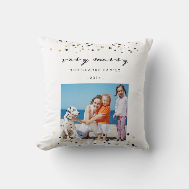 Gold Confetti Stars | Holiday Photo Throw Pillow (Front)