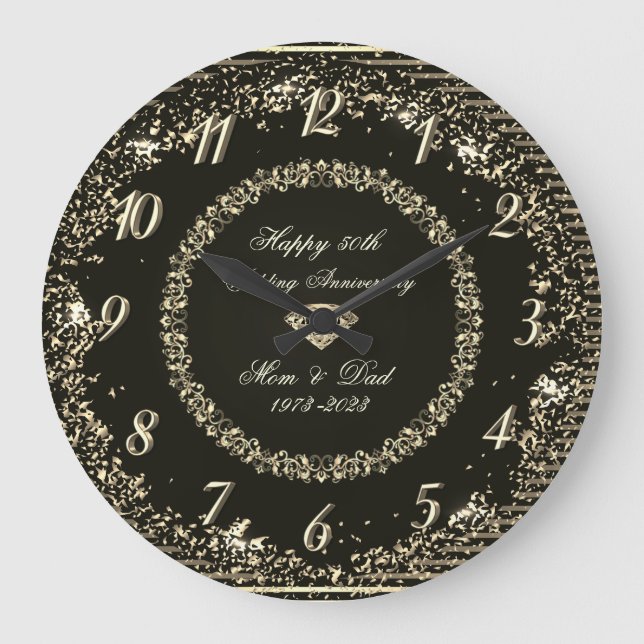 Gold Confetti Strips Black 50 Wedding Anniversary  Large Clock (Front)